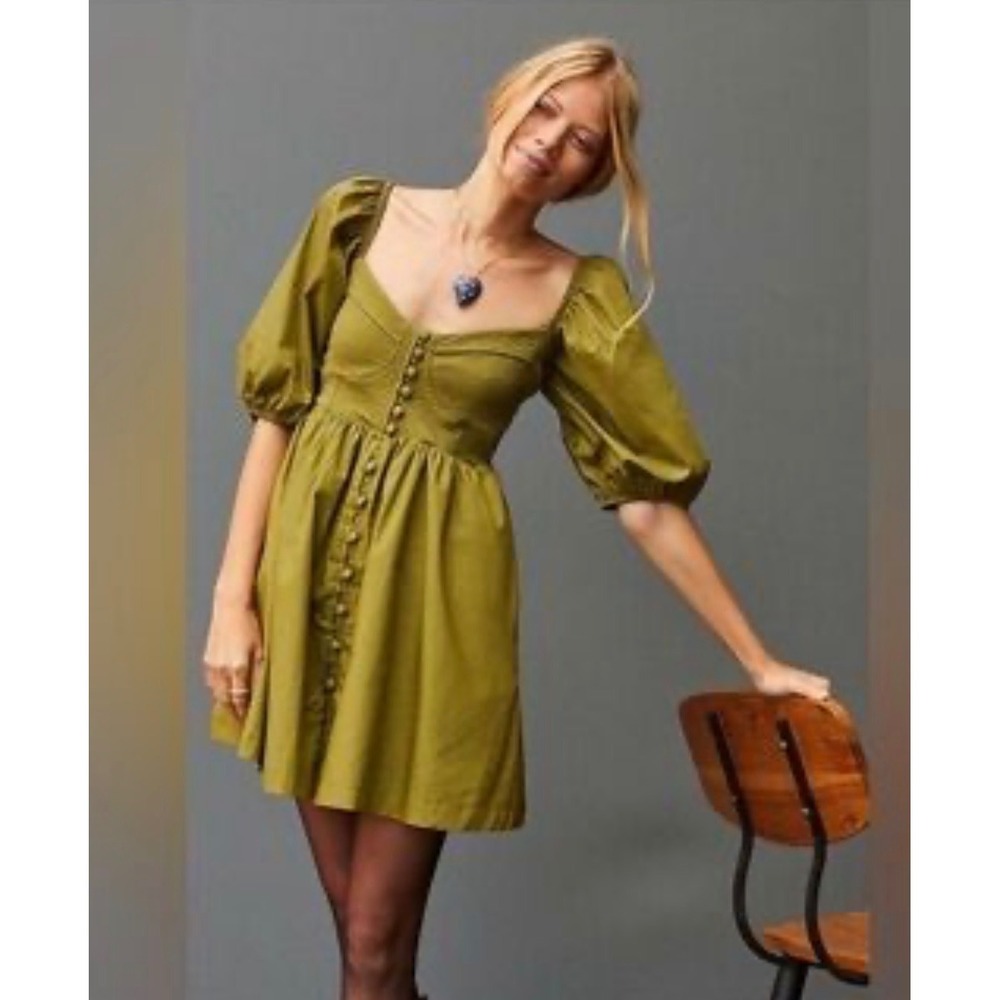 Maeve Anthropologie Moss Green Puff Sleeve Button Front Mini Dress Petite Medium